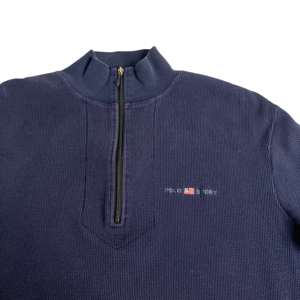 Vintage 90s Polo Sport Ralph Lauren Sweatshirt Mens L Blue Waffle Knit 1/4 Zip